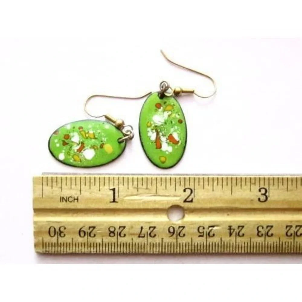 Vintage Lime Green Multi-Colored Baked Enamel Copper‎ Drop Pierced Earrings